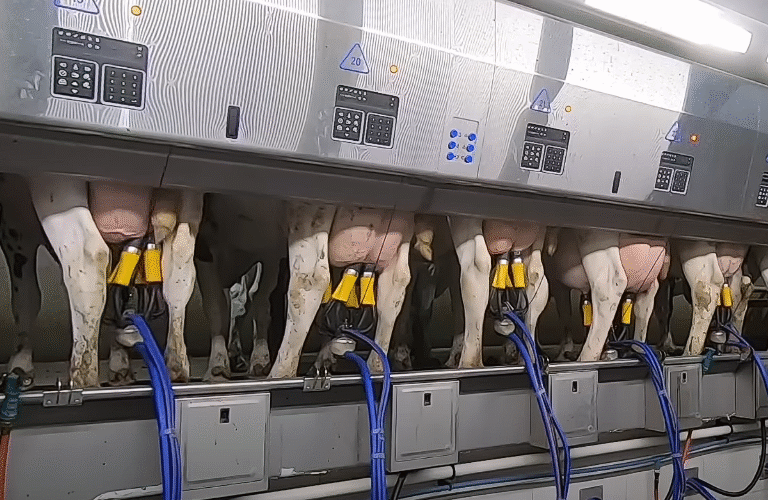 Modern milking parlor in action – cows lined up for automated milking in a high-tech dairy farm.